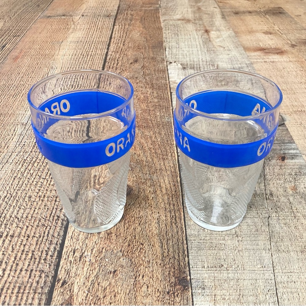 Vintage Orangina Textured Glass Tumblers Blue Band Set of 2 - Picture 2 of 5